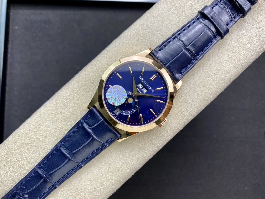PATEK CALATRAVA MOONPHASE ANNUAL CALENDAR GOLD CASE BLUE DIAL