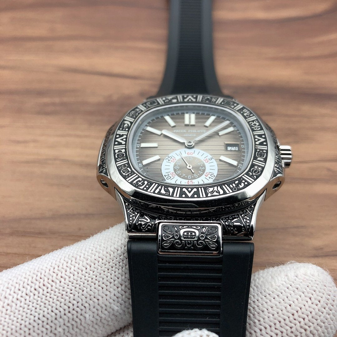 PATEK NAUTILUS SECONDTIME WHITE GOLD HAND ENGRAVED
