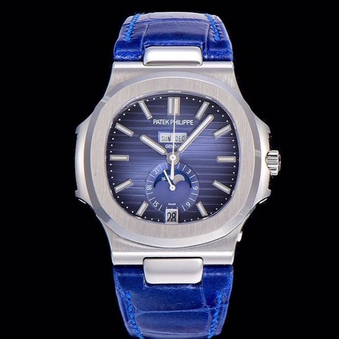 PATEK NAUTILUS MOONPHASE ANNUAL CALENDAR BLUE DIAL LEATHER