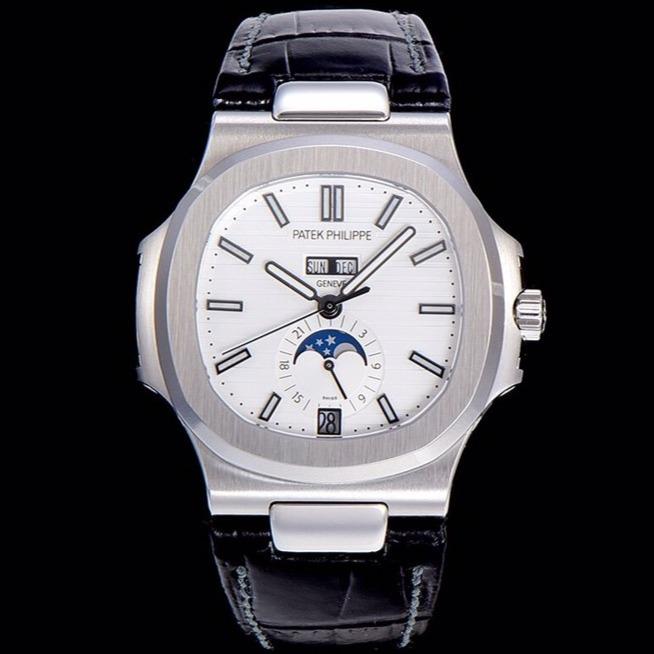 PATEK NAUTILUS MOONPHASE ANNUAL CALENDAR WHITE DIAL LEATHER
