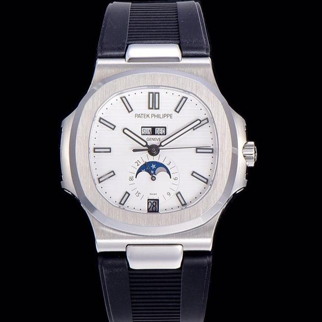PATEK NAUTILUS MOONPHASE ANNUAL CALENDAR WHITE DIAL RUBBER