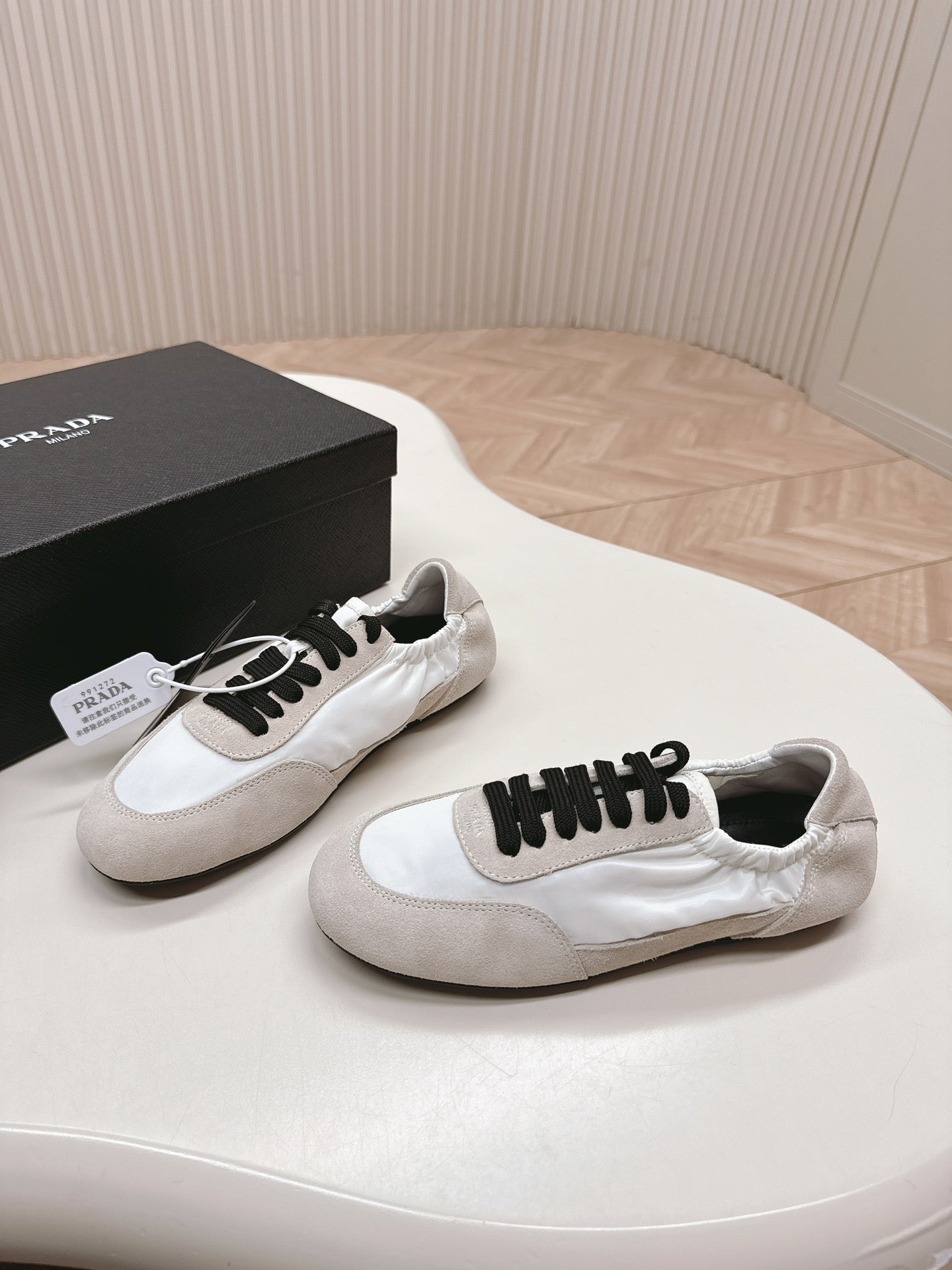Prada Collapse Stretch Sneakers White mix Gray Recycled Nylon and Suede  154632