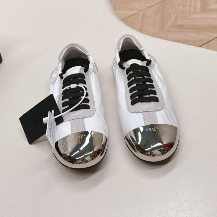 Prada Collapse Sneakers White Gray Re-Nylon and Suede With Metal Toecap 407095
