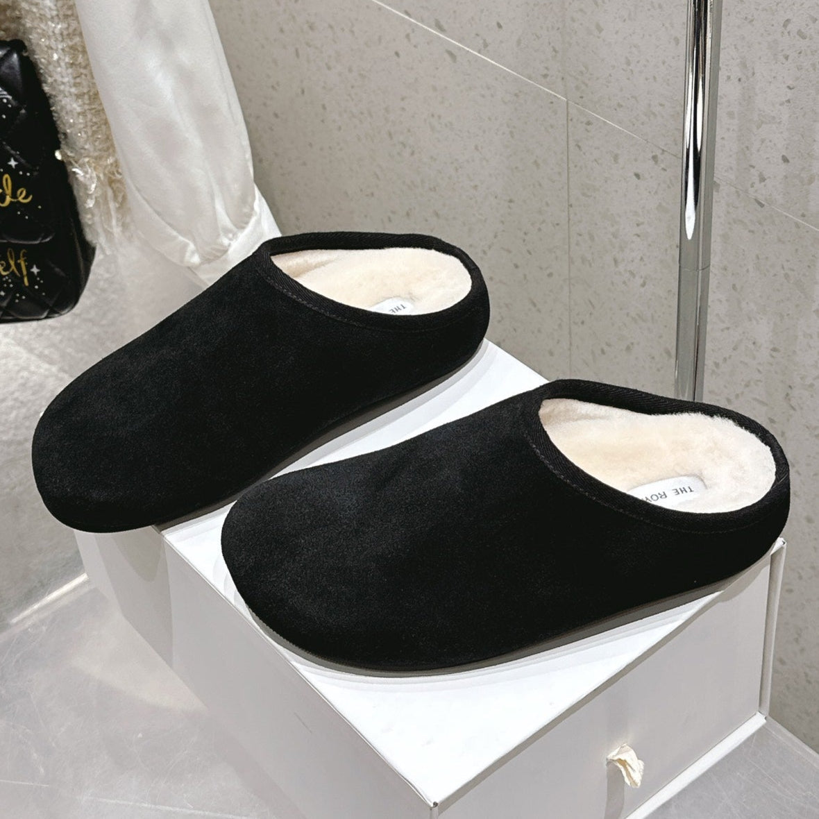 The Row Slipper Black White Cowhide Wool 402119