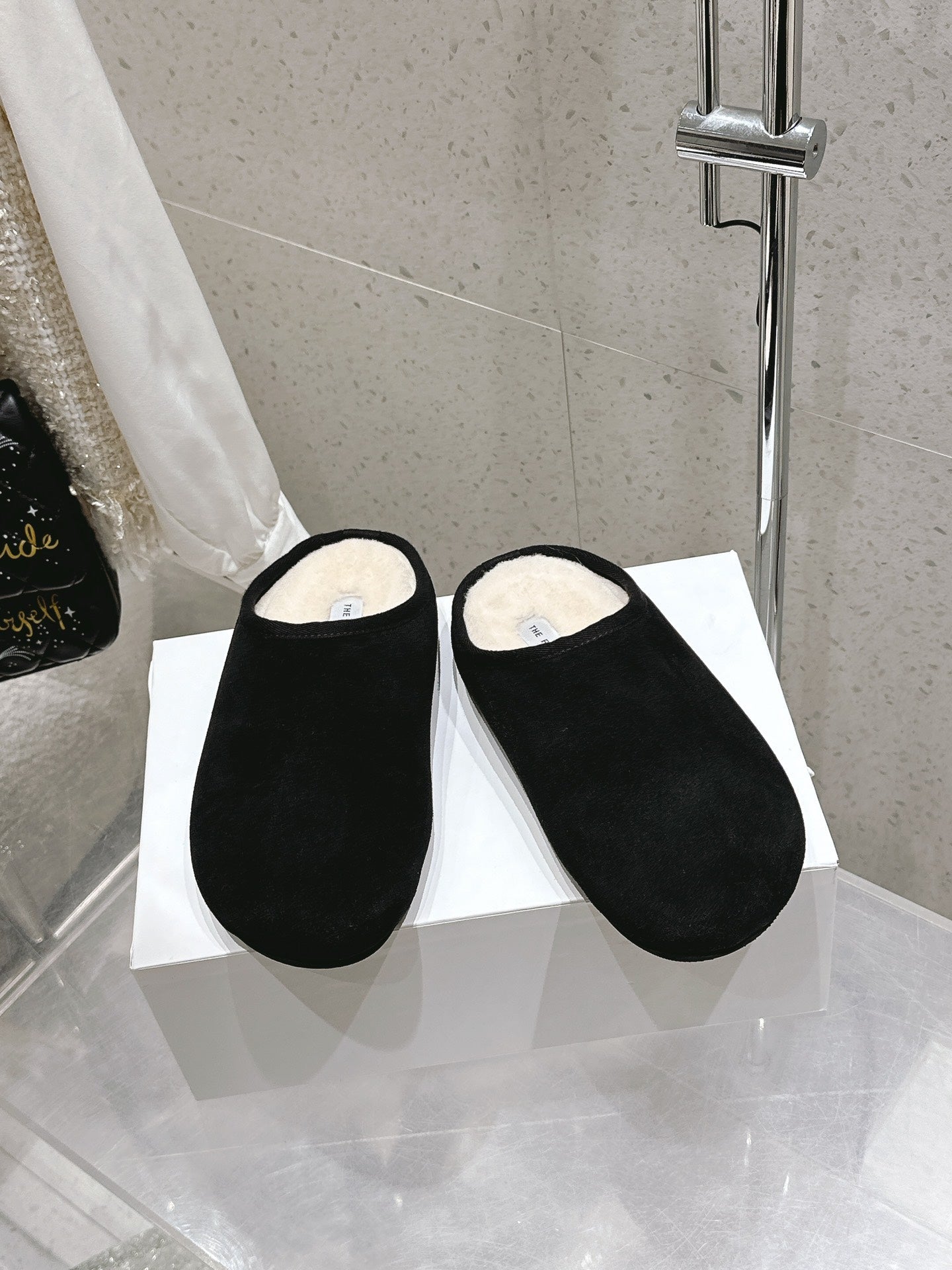 The Row Slipper Black White Cowhide Wool 402119