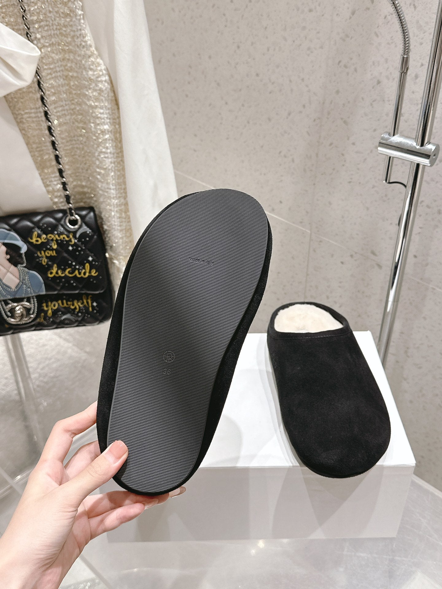 The Row 2025 Slipper Black White Cowhide Wool 402119