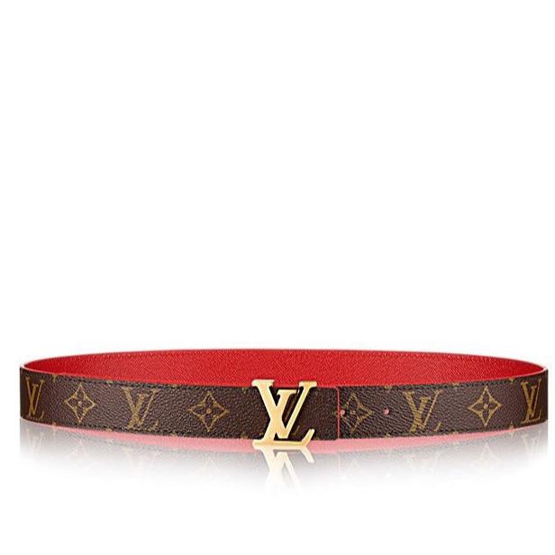 LV INITIALES 30 MM REVERSIBLE BELT IN BROWN MONOGRAM AND CHERRY RED CALFSKIN GOLD HARDWARE