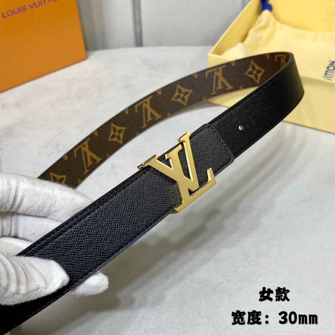 LV INITIALES 30 MM REVERSIBLE BELT IN BROWN MONOGRAM AND BLACK CALFSKIN GOLD HARDWARE