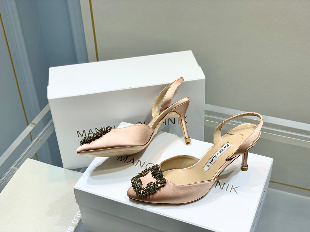 Manolo Buckle Slingback 7cm Light Pink Silk 208031