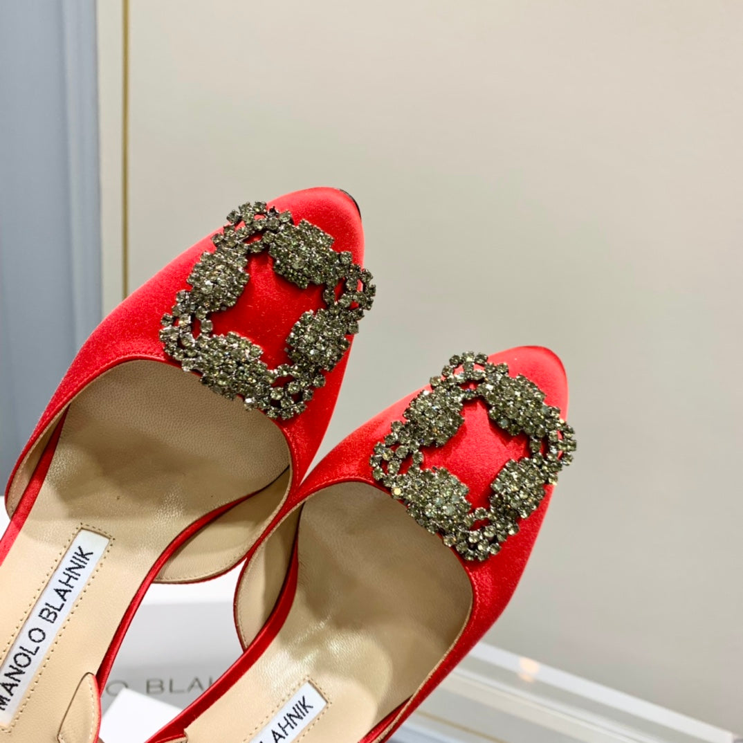 Manolo Buckle Slingback 7cm Red Silk 208030