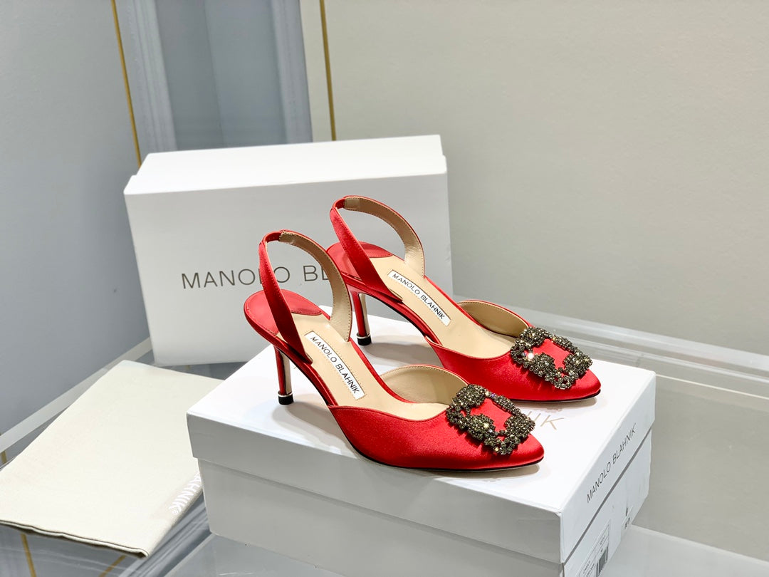 Manolo Buckle Slingback 7cm Red Silk 208030