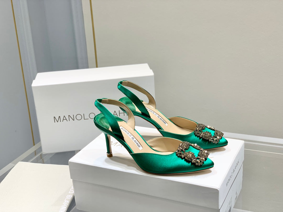 Manolo Buckle Slingback 7cm Green Silk 208029