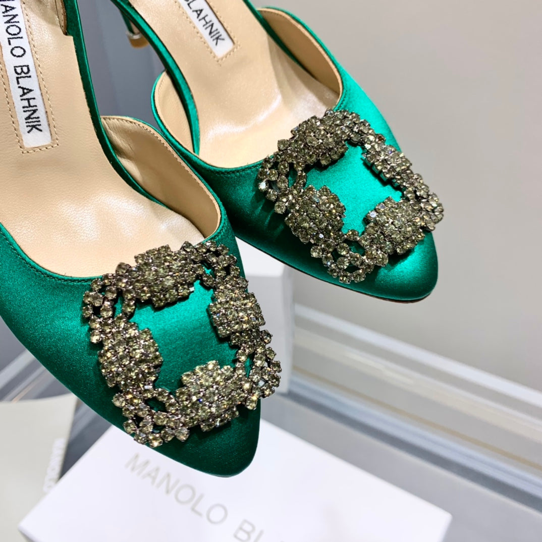 Manolo Buckle Slingback 7cm Green Silk 208029