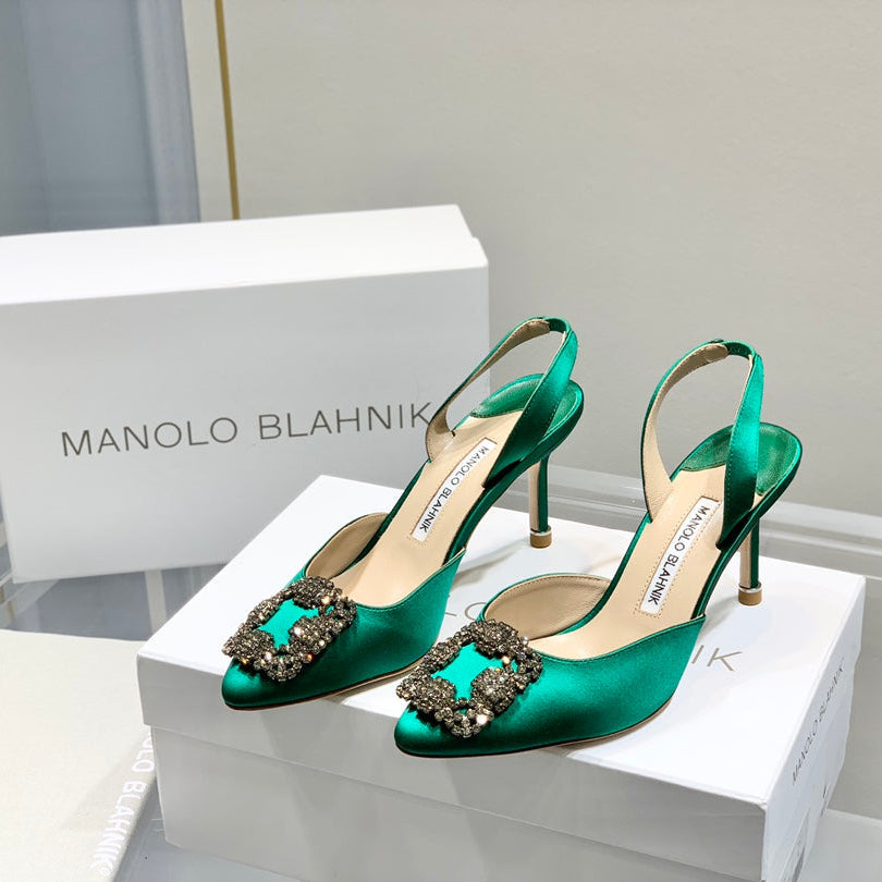 Manolo Buckle Slingback 7cm Green Silk 208029