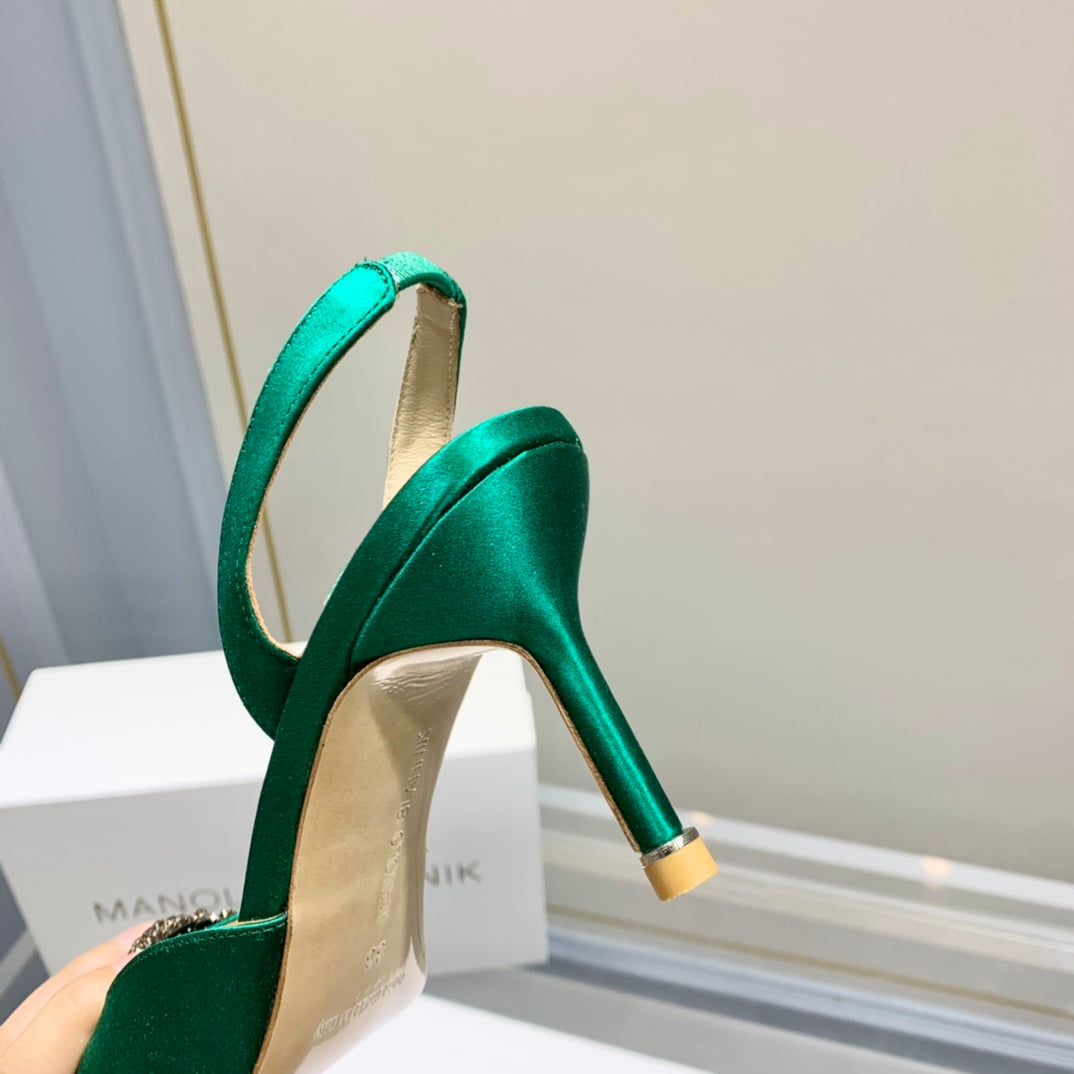 Manolo Buckle Slingback 7cm Green Silk 208029