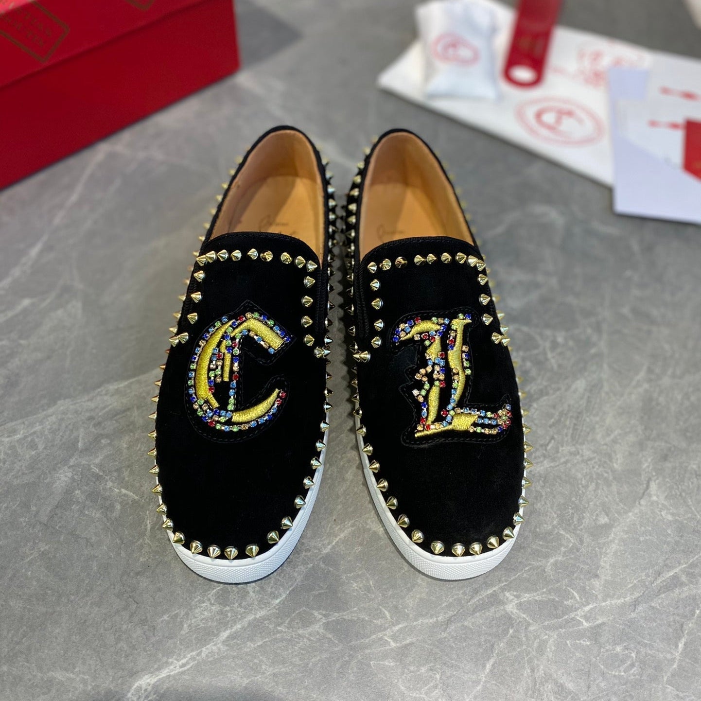 CL Loafers with Logo Black Velvet and Spikes 242384