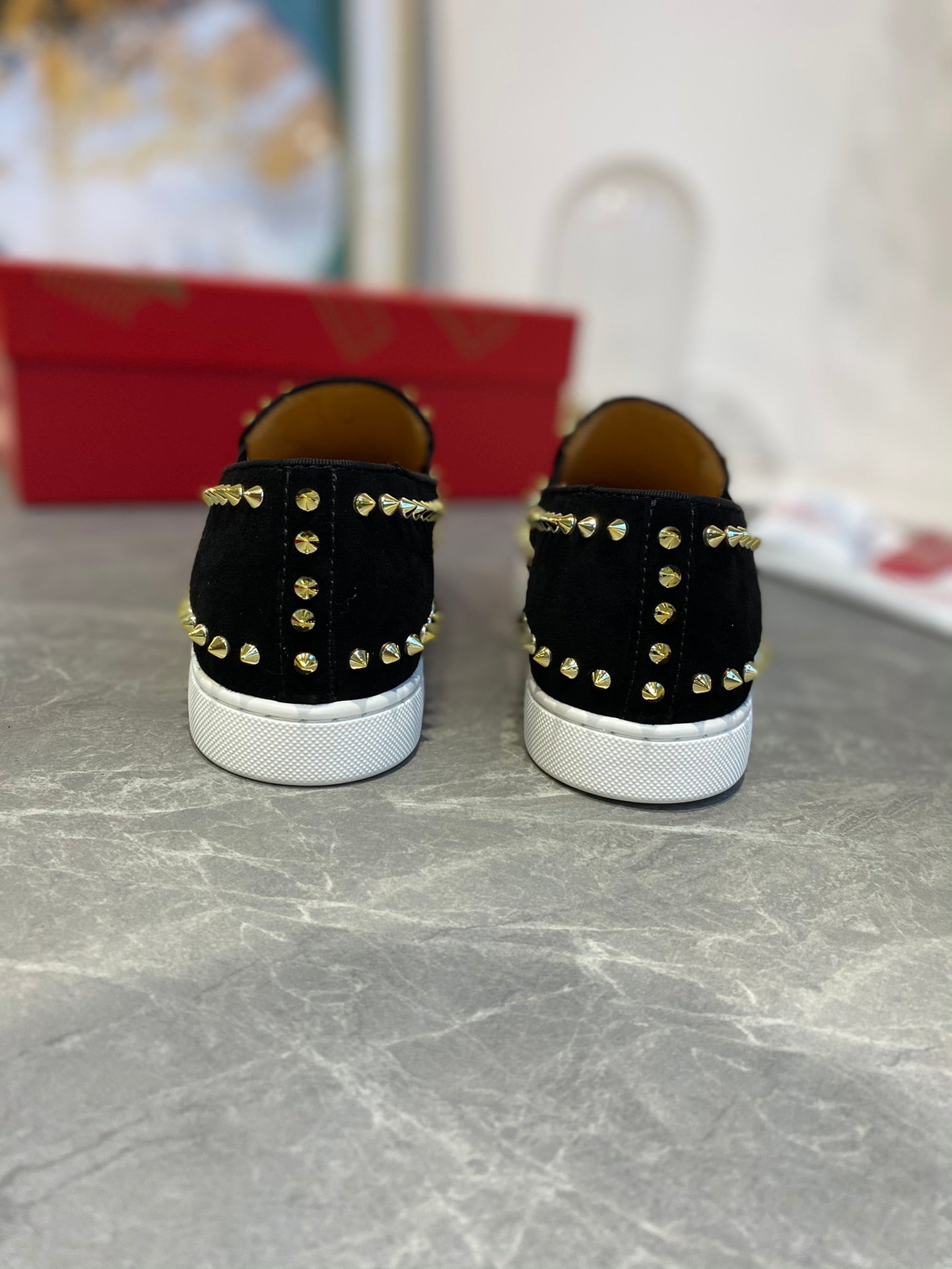 CL Loafers with Logo Black Velvet and Spikes 242384