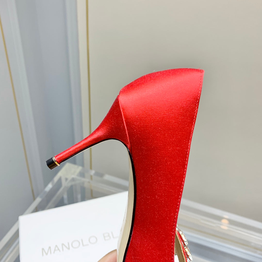 Manolo Wheat Ear Rhinestone High Heels Pumps Red Silk Fabric 327448