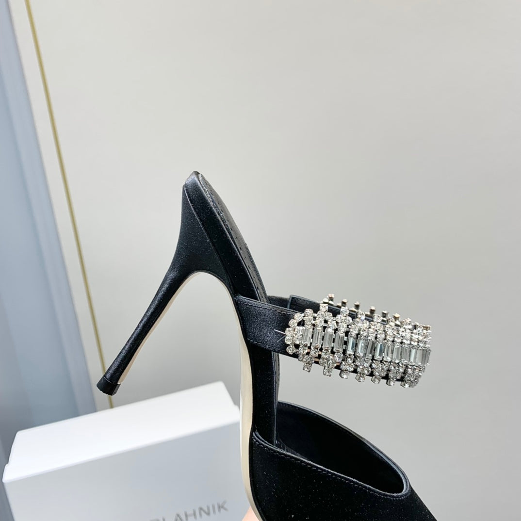 Manolo Mules Diamond Buckle Black Silk Satin 218812