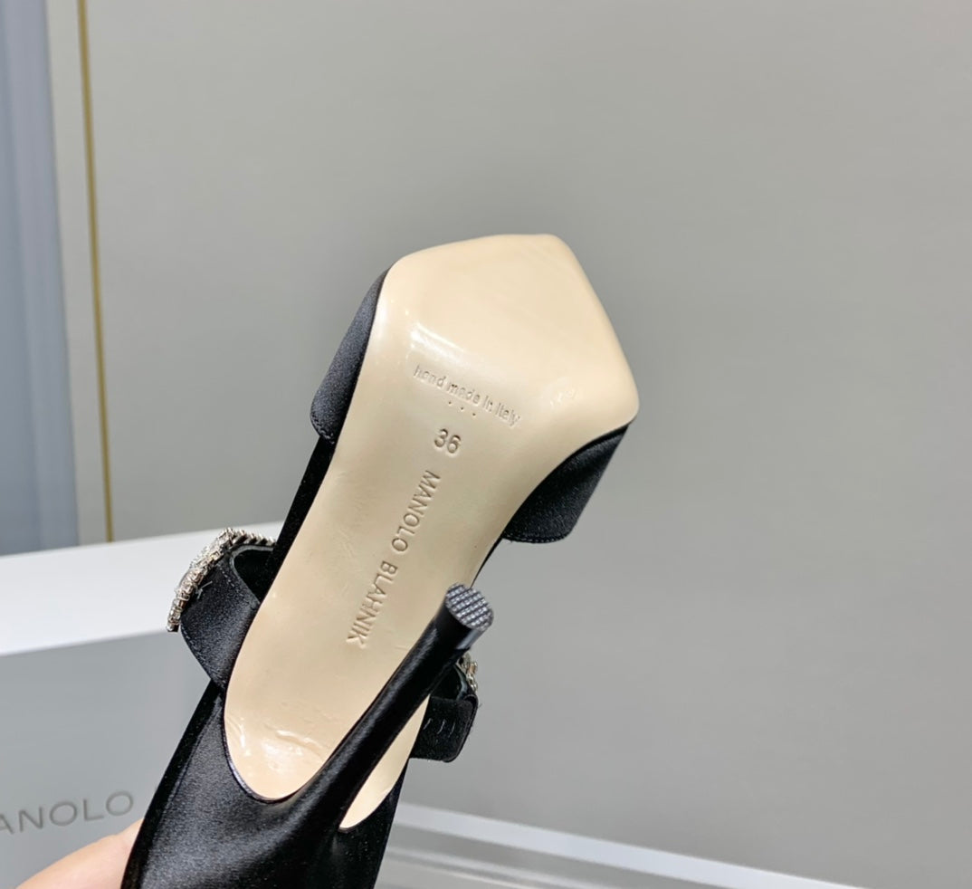 Manolo Mules Diamond Buckle Black Silk Satin 218812