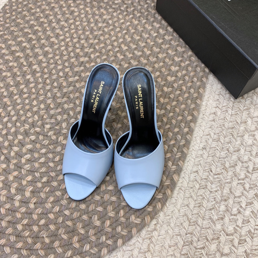 LA 16 HEELED MULES IN SKY BLUE SMOOTH LAMBSKIN