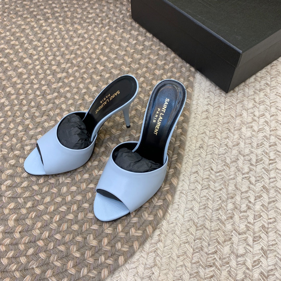 LA 16 HEELED MULES IN SKY BLUE SMOOTH LAMBSKIN