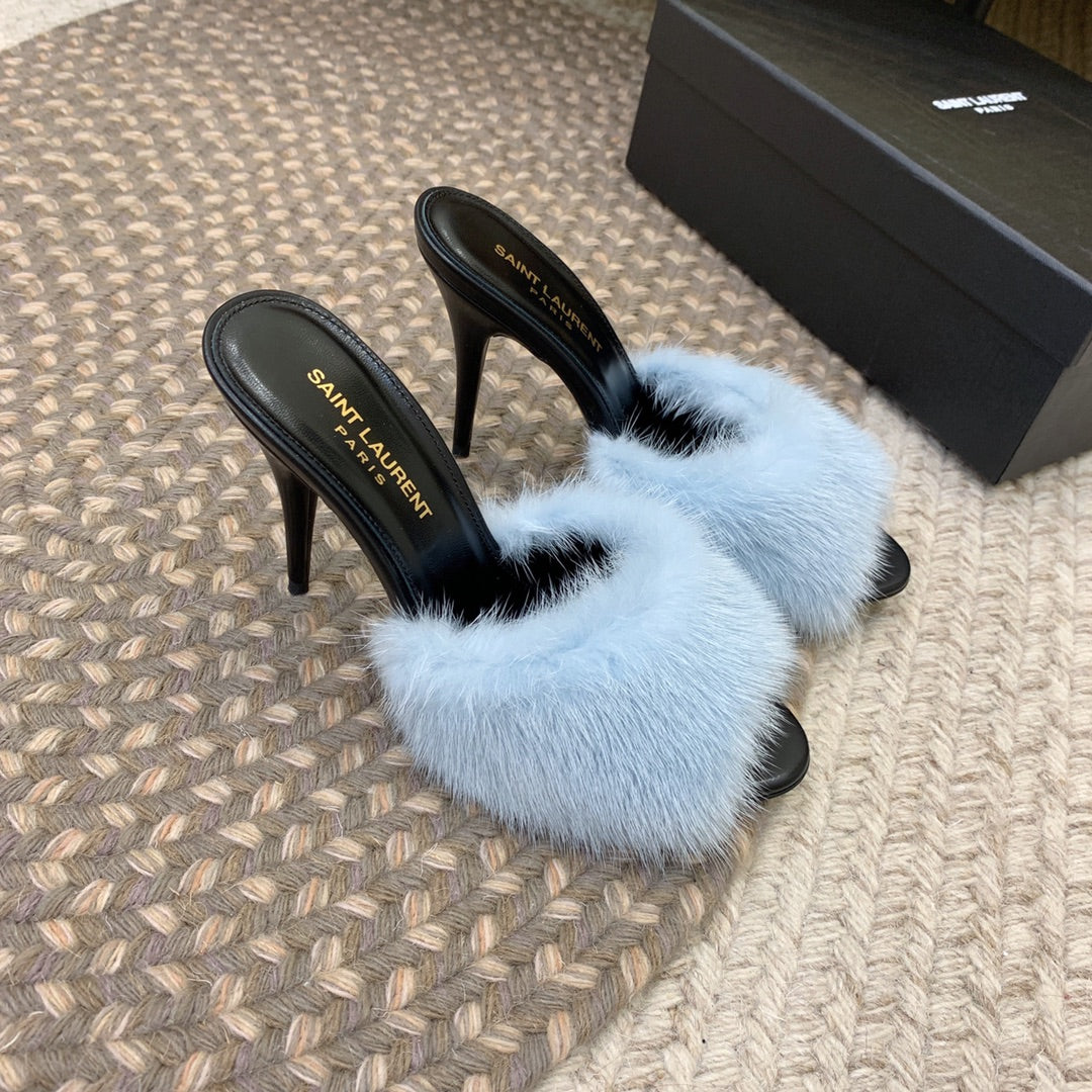 LA 16 HEELED MULES IN SKY BLUE RABBIT FUR AND SMOOTH LAMBSKIN