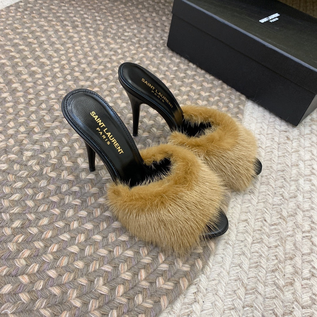 LA 16 HEELED MULES IN DRIED MOSS RABBIT FUR AND SMOOTH LAMBSKIN