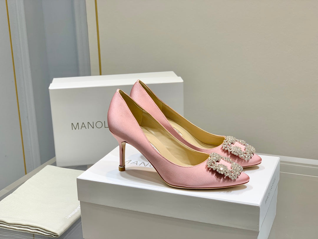 Manolo Diamond Buckle Pumps Light Pink Silk 327504