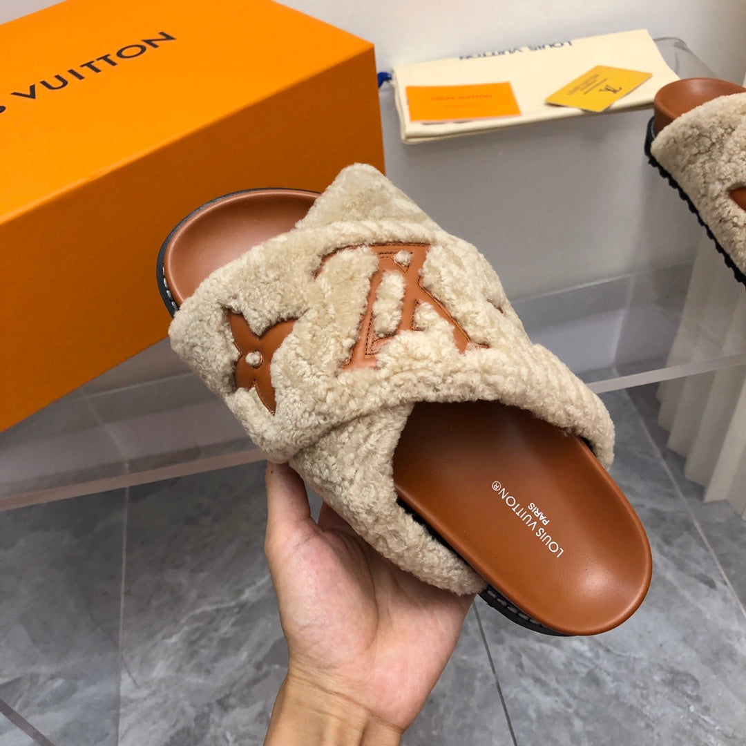 LV Paseo Flat Comfort Mule Beige Brown Fleece