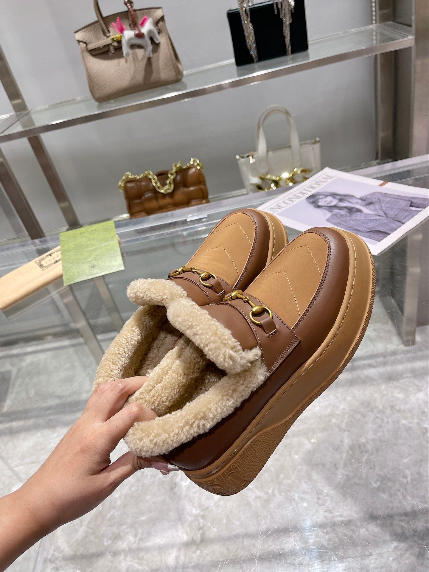 GG Snow Boots Brown Beige Calfskin Wool 576244