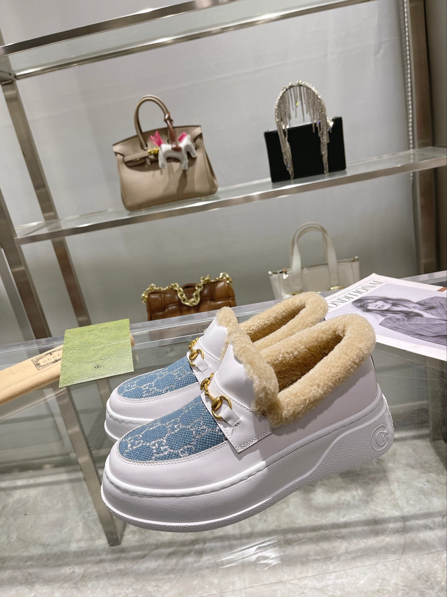 GG Snow Boots White Blue Calfskin Denim Wool 576245