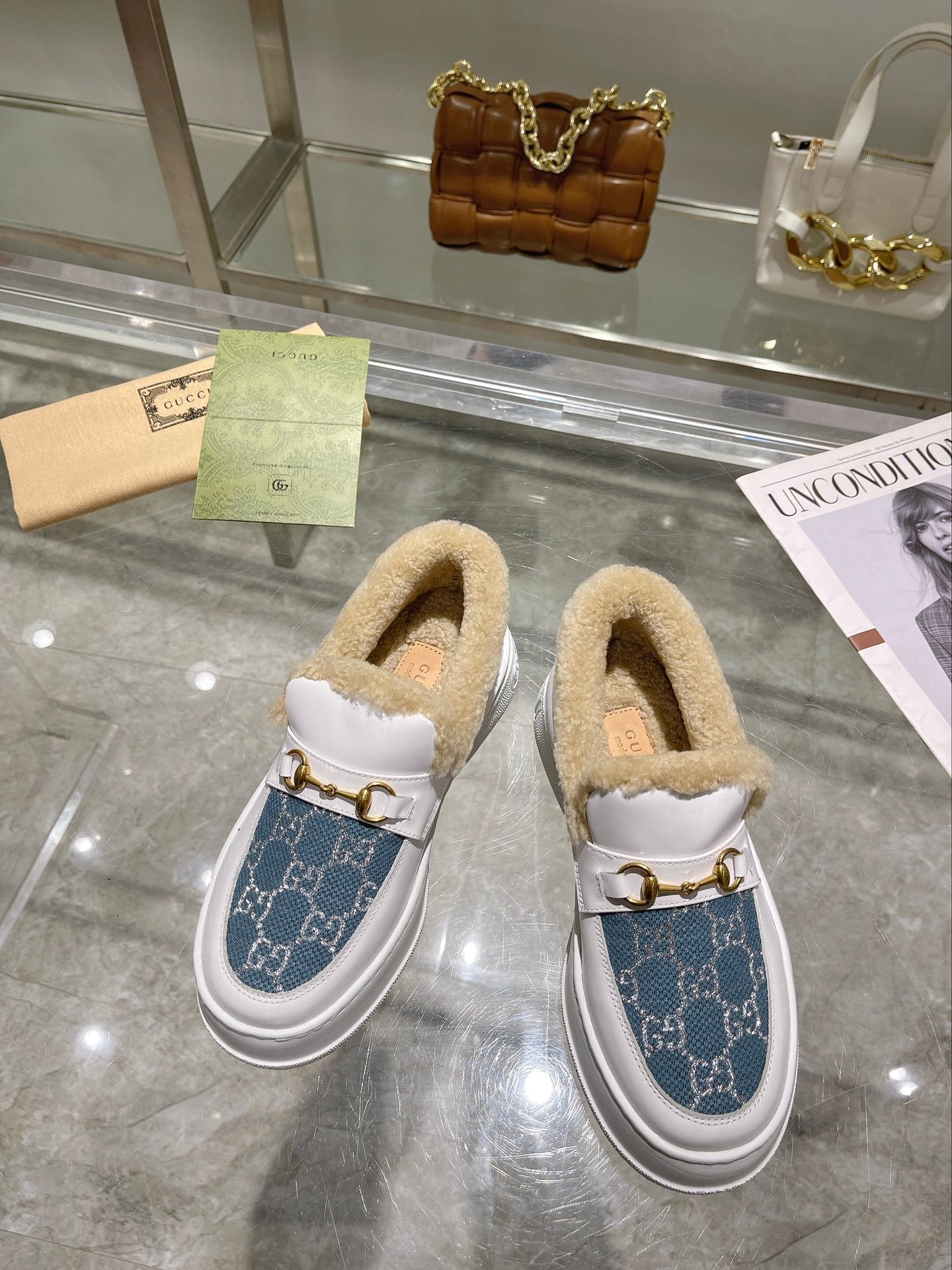 GG Snow Boots White Blue Calfskin Denim Wool 576245