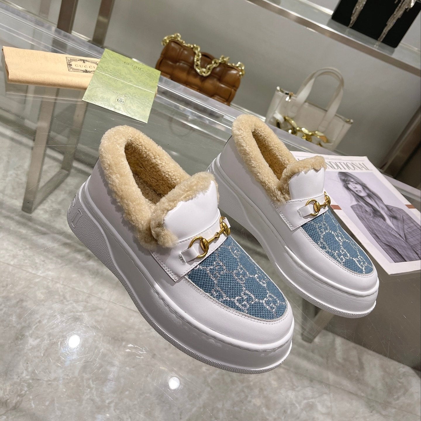 GG Snow Boots White Blue Calfskin Denim Wool 576245