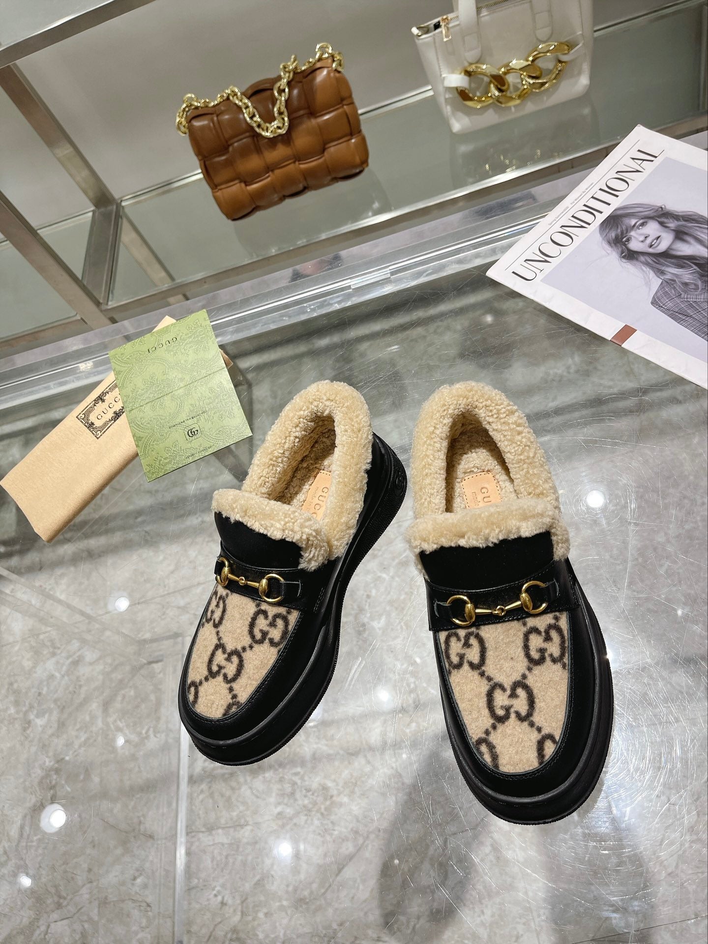 GG Snow Boots Black Beige Calfskin Suede Wool 576246