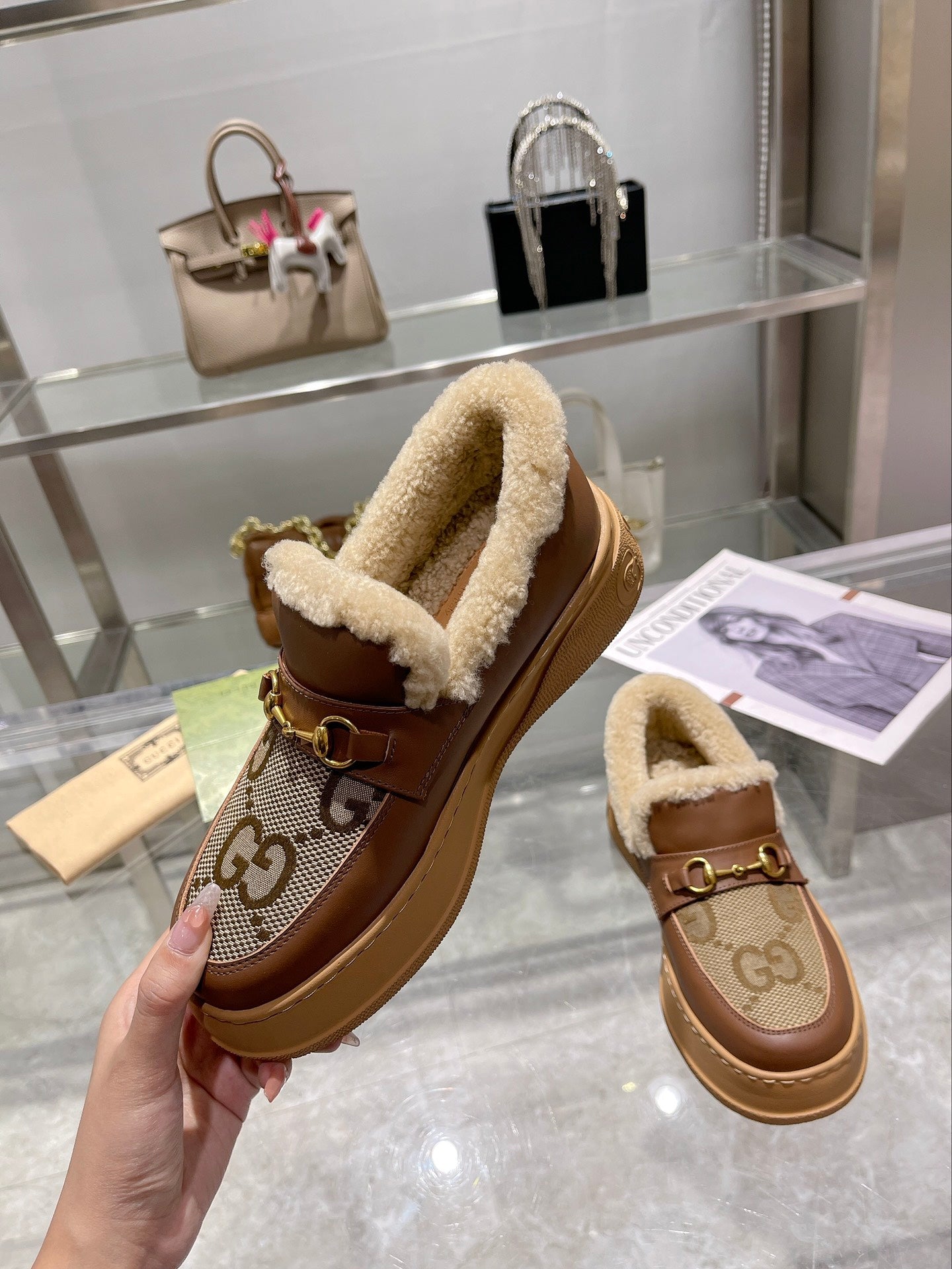 GG Snow Boots Brown Calfskin Denim Wool 576247