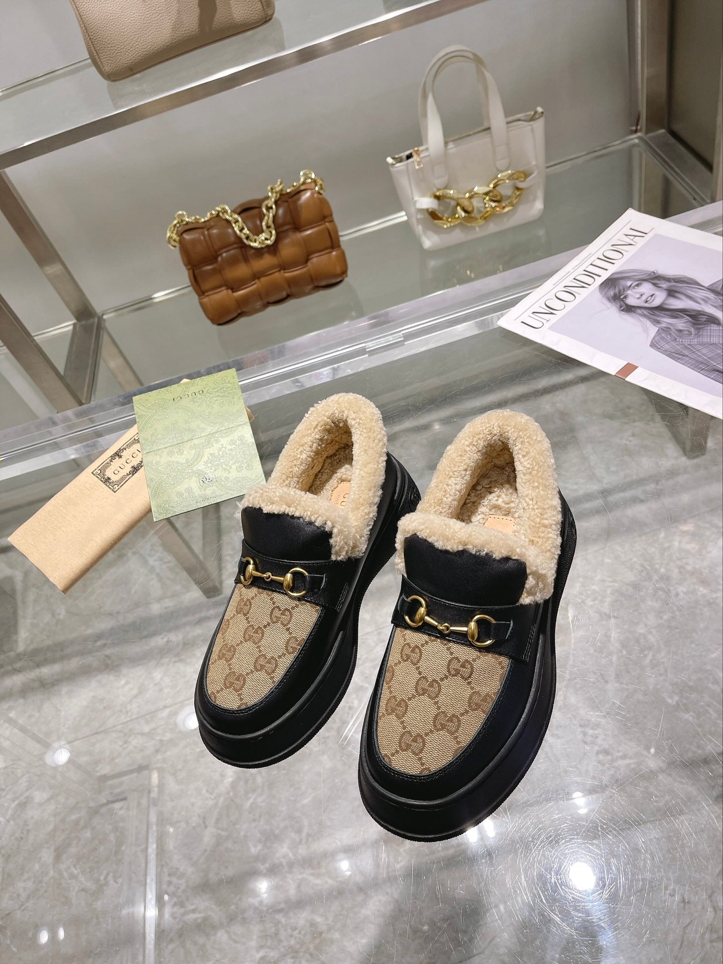 GG Snow Boots Black Beige Calfskin Denim Wool 576250