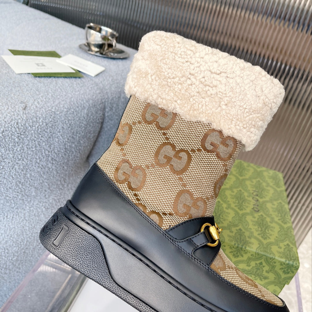 Gucci 2025 Monogram Boot Black Beige Wool Canvas Calfskin 564685