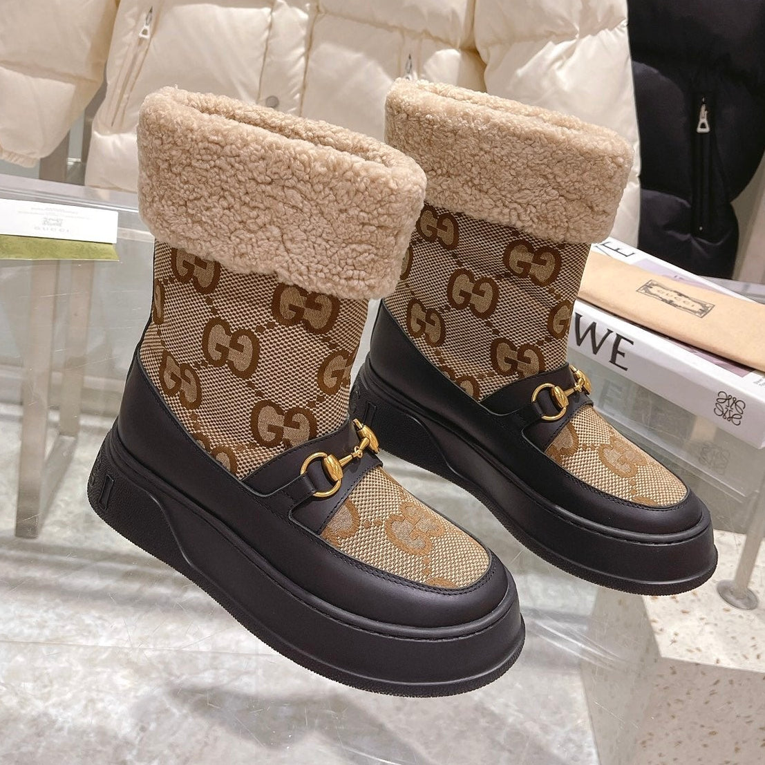 Gucci 2025 Monogram Boot Black Beige Wool Canvas Calfskin 564685