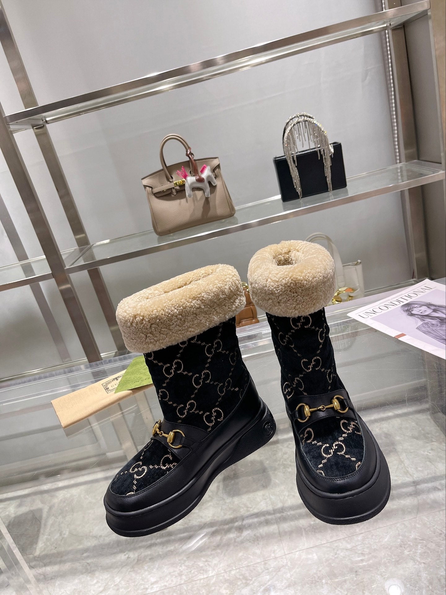 Gucci 2025 Monogram Boot Black Beige Wool Suede Calfskin 564687