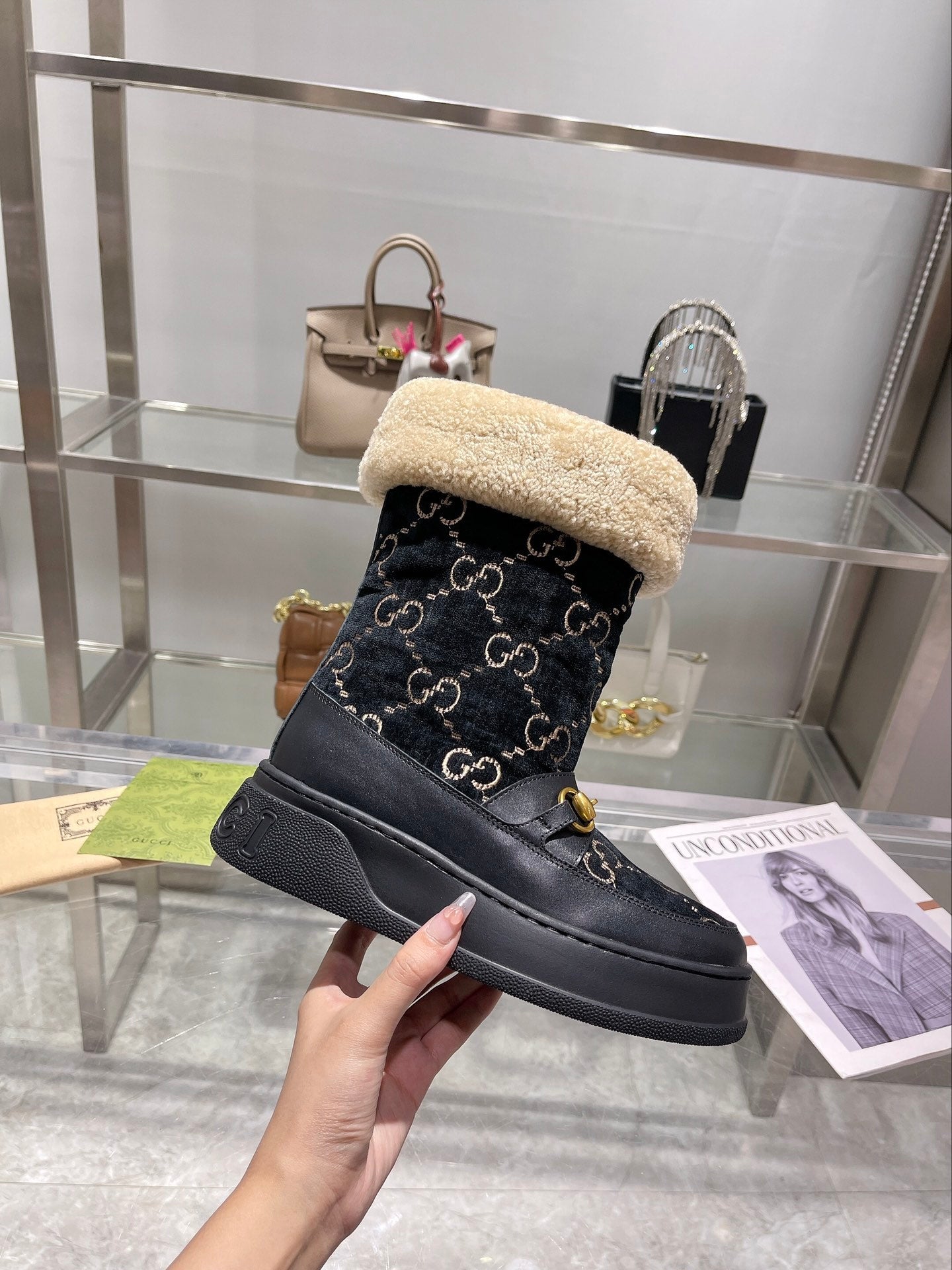 Gucci 2025 Monogram Boot Black Beige Wool Suede Calfskin 564687