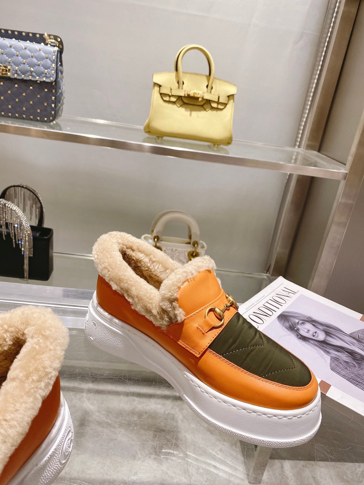 GG Snow Boots Orange Olive Cowhide Wool 576233