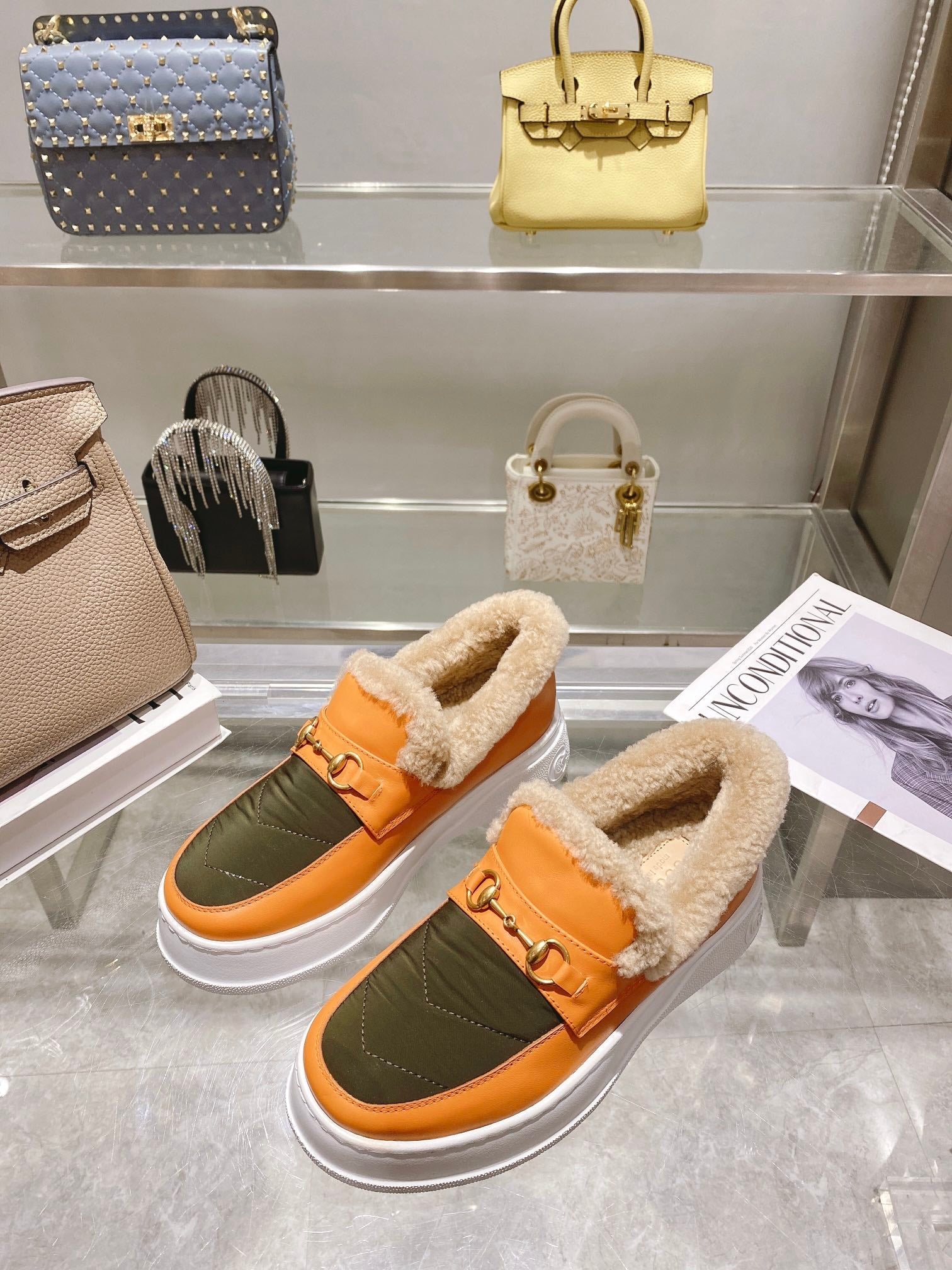 GG Snow Boots Orange Olive Cowhide Wool 576233