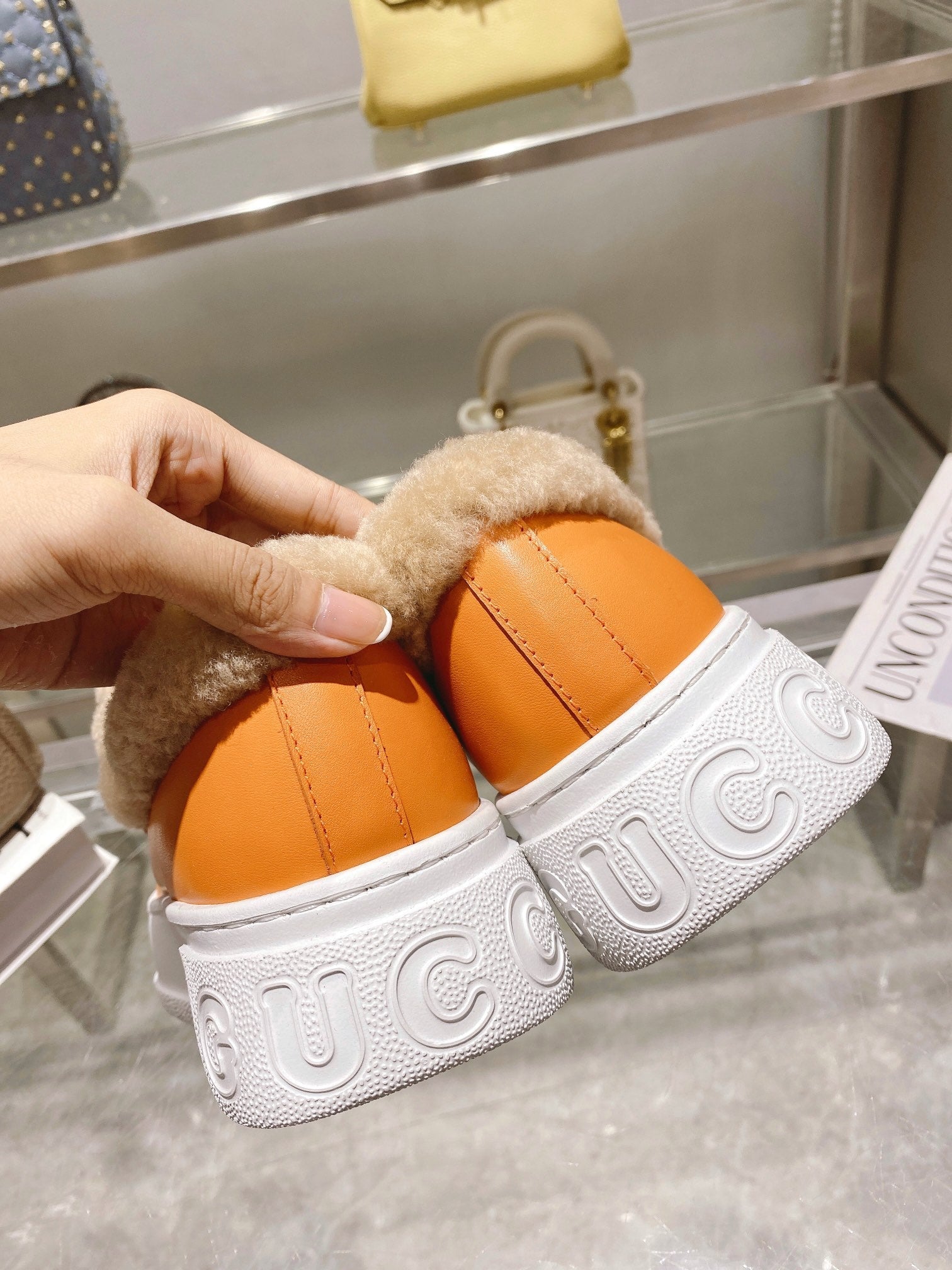 GG Snow Boots Orange Olive Cowhide Wool 576233