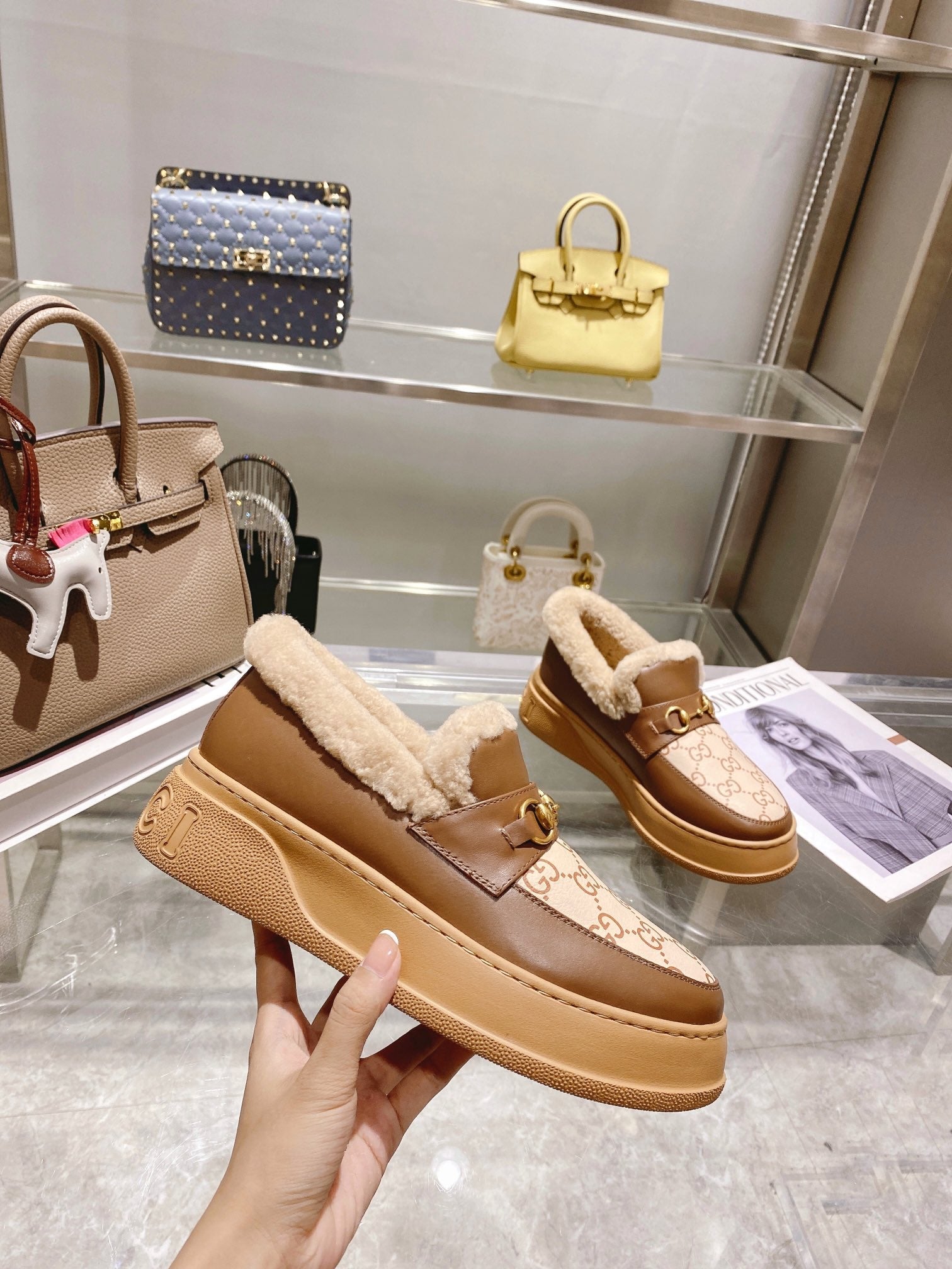 GG Snow Boots Brown Beige Cowhide Wool 576235