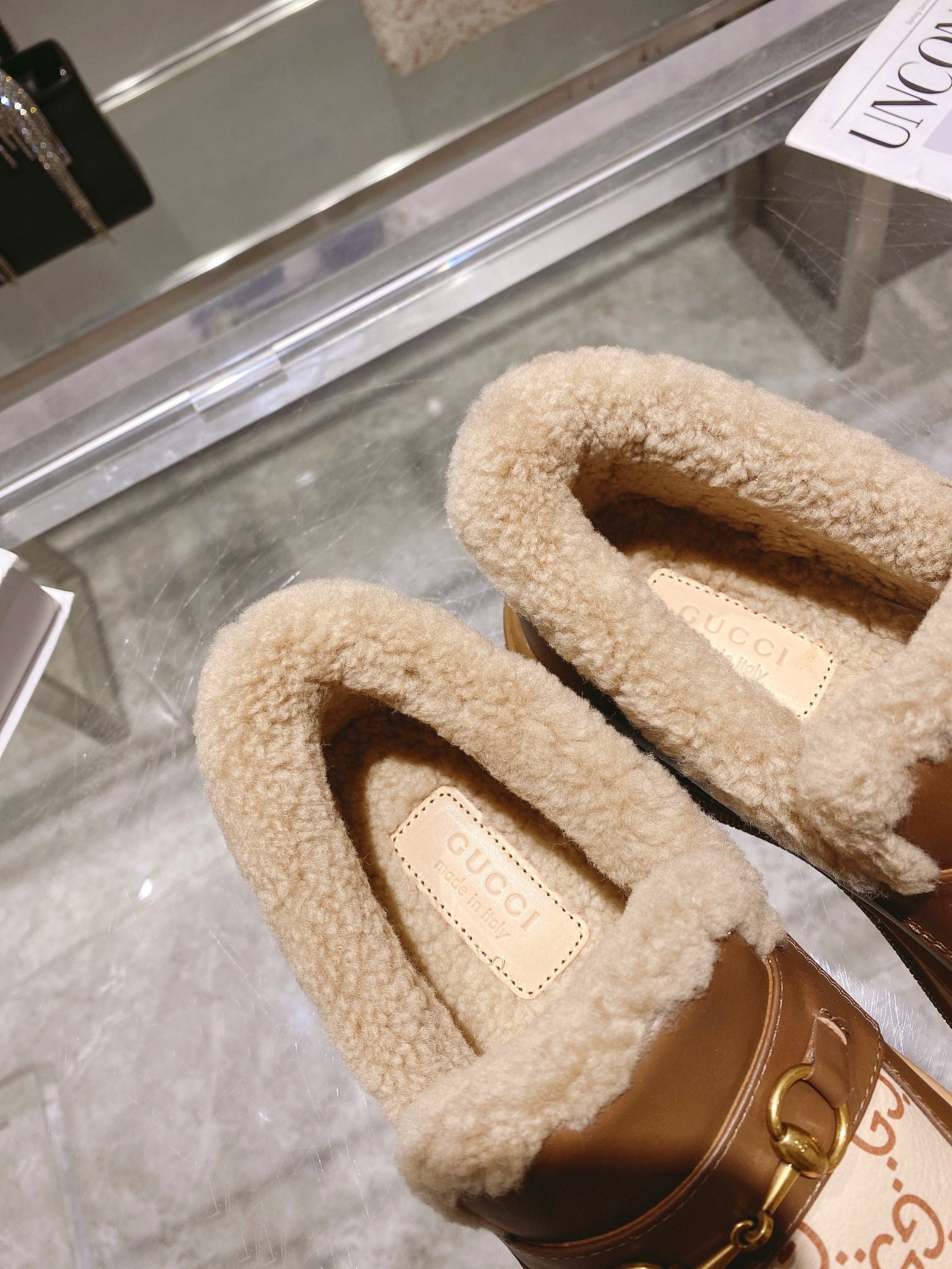 GG Snow Boots Brown Beige Cowhide Wool 576235