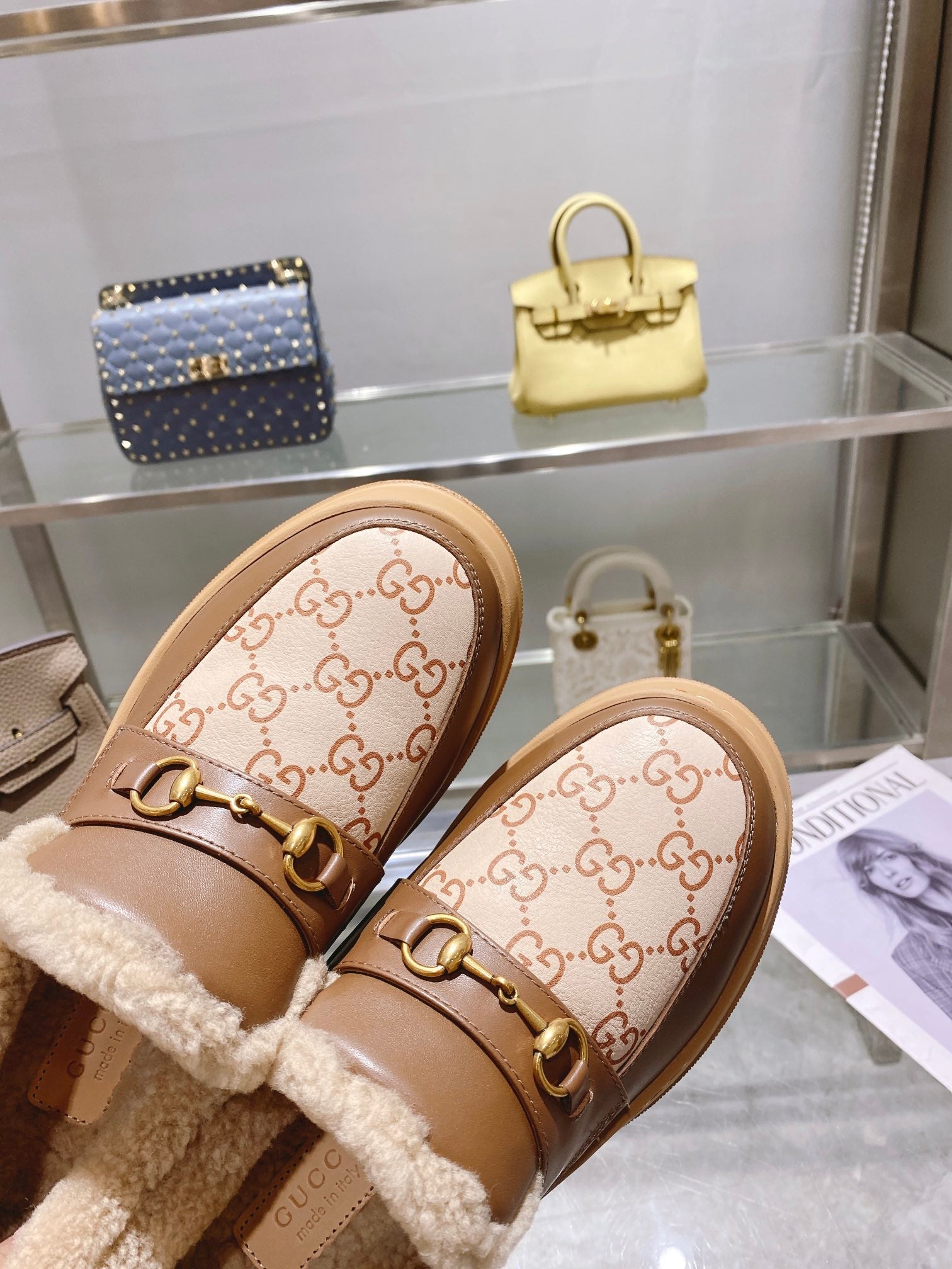 GG Snow Boots Brown Beige Cowhide Wool 576235