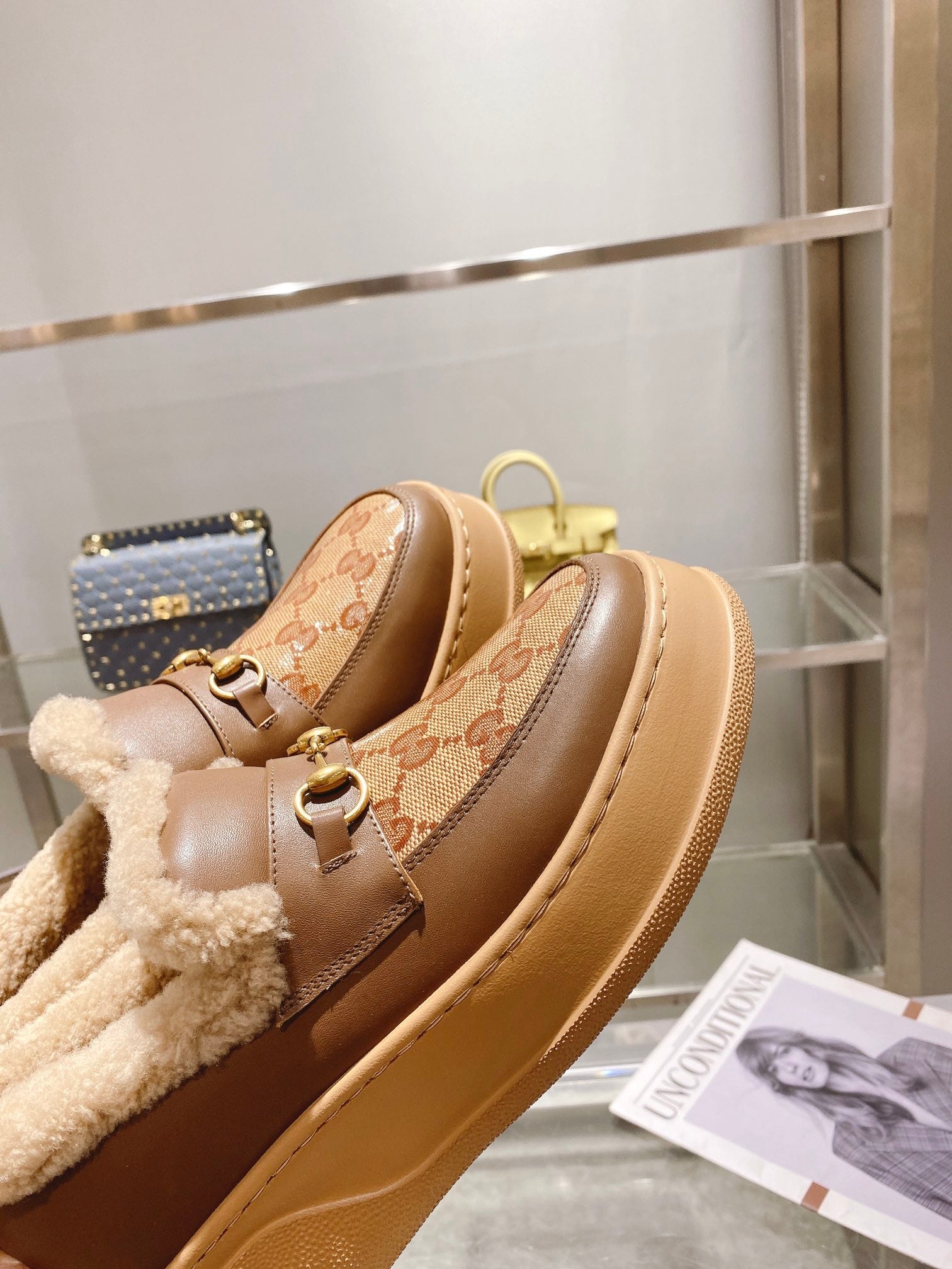 GG Snow Boots Brown  Patent Calfskin Wool 576237