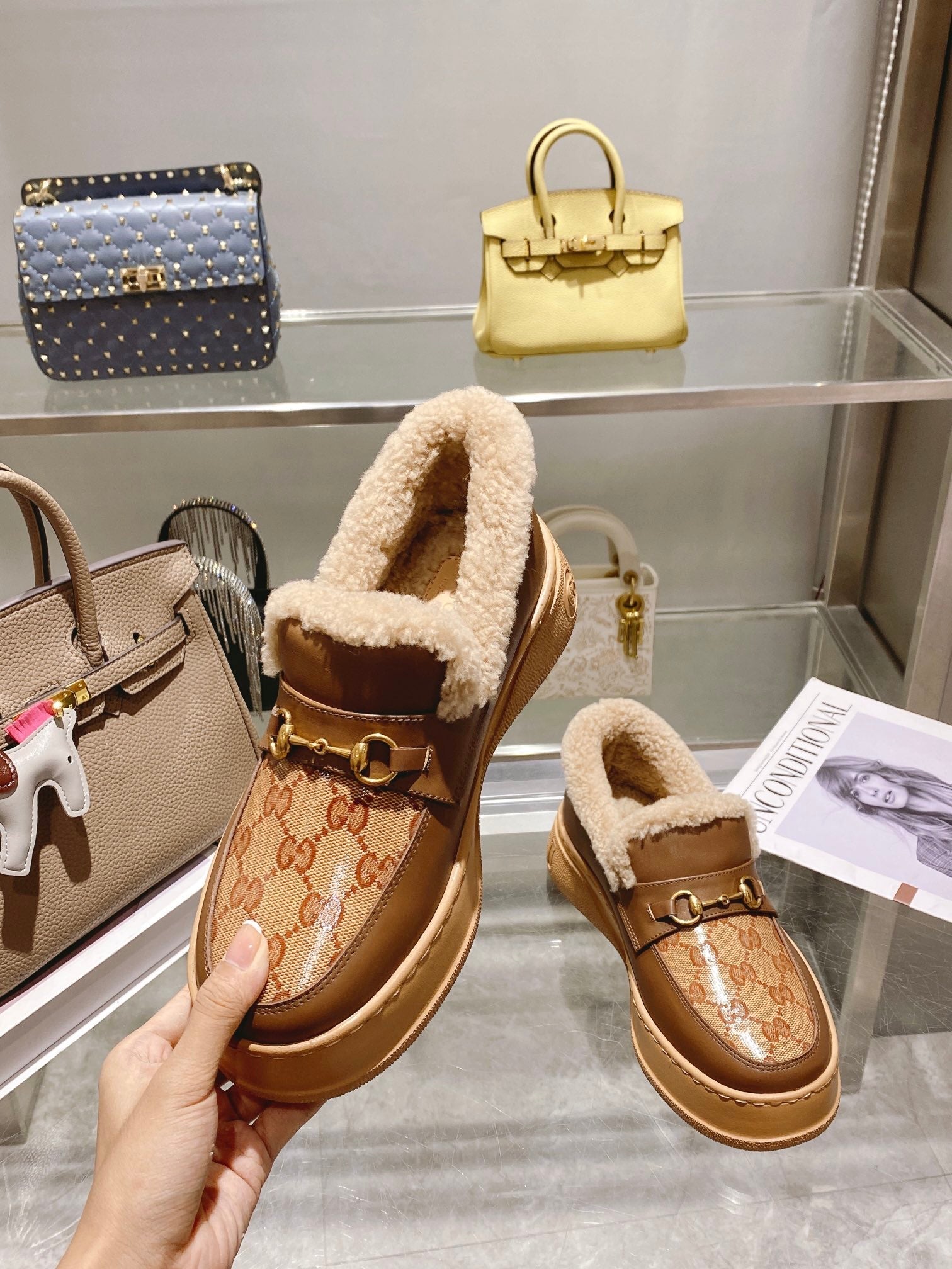 GG Snow Boots Brown  Patent Calfskin Wool 576237