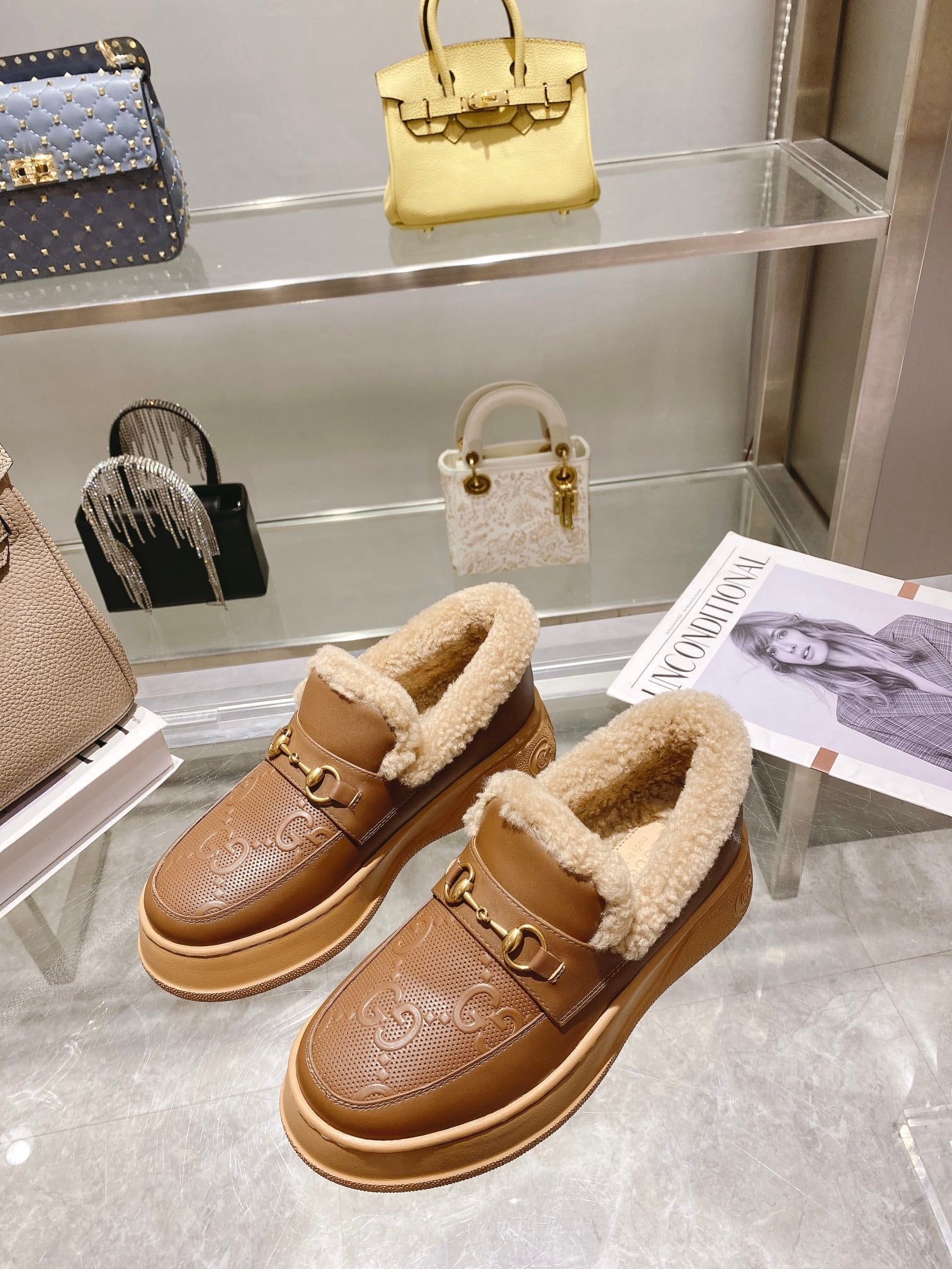 GG Snow Boots Brown Calfskin Wool 576240